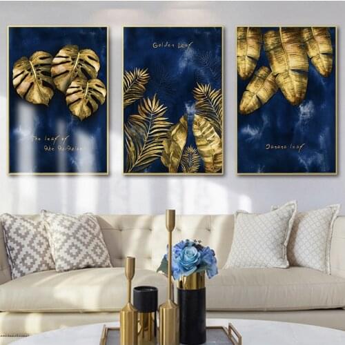 Luxury Wall Art Golden Leaf Wall Art Prints Canvas Paintings Blue Posters Decorative Wall Art Prints Living Room Home Decor