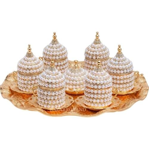 LUXURY TURKISH PORCELAIN COFFEE SET WITH SIX SIX STONE STONE COFFEE SET - GOLD WITH PEARL-SILVER ROUND TRAY CLEAN PRESENTATION