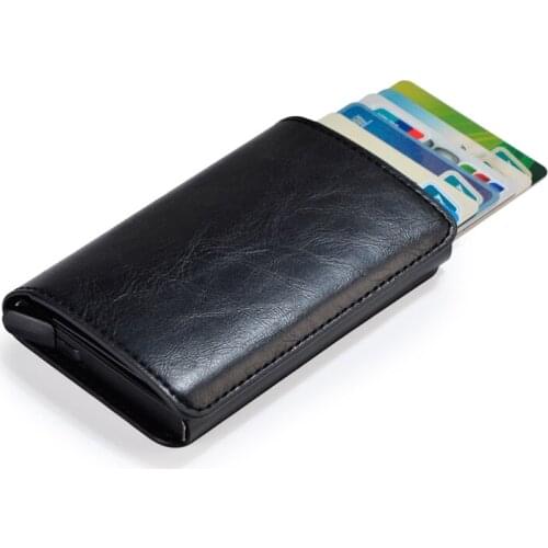 Hand Push Automatic Bus ID Card Case Vintage Leather Men Wallet Business Credit Card Holder Women RFID Luxury Cardholder MF-B036
