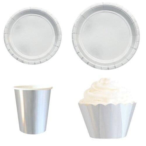 8Pcs/set Party Silver Disposable Tableware Paper Plates Cup Straw Cake Wrapper Birthday Decor Baby Shower Wedding Party Supplies