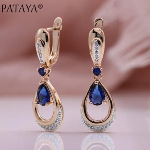 PATAYA New Cute Blue Water Drop Long Earrings Natural Zircon Women Earrings 585 Rose Gold Wedding Modern Party Fashion Jewelry