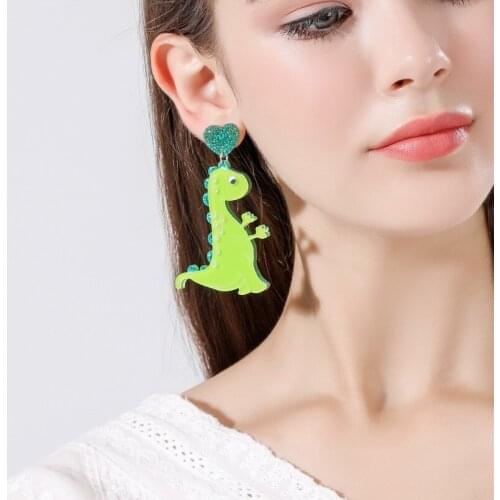Super Lovely Green Dinosaur Glitter Powder Peach Heart Acrylic Drop Earrings Fun Long Tassel Exaggerated Animal Dangle Earrings