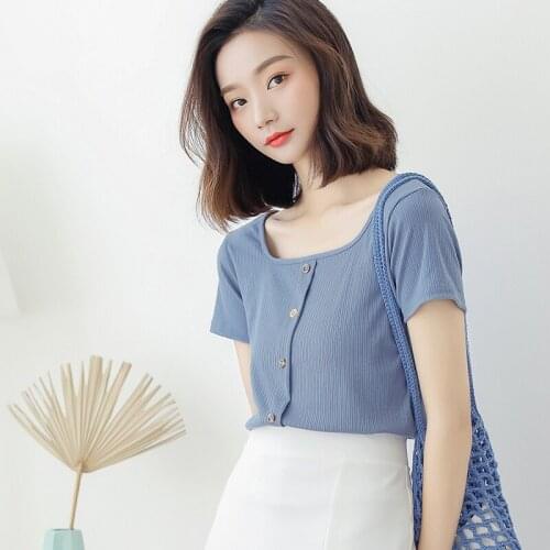 Women Buttons Tops Knitted Square Collar T-Shirt Women Short Sleeve Summer Yellow Tops Crop Top Ladies Tees Women