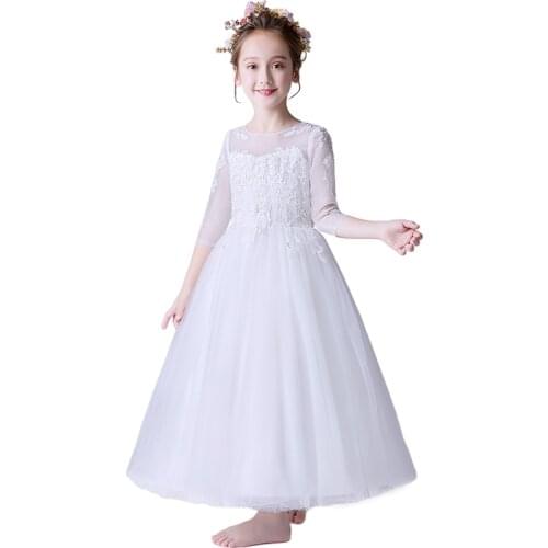 High Quality Kids Girls Long Dresses Wedding Party Dress Princess Children Pageant First Communion Dress Long White Gown