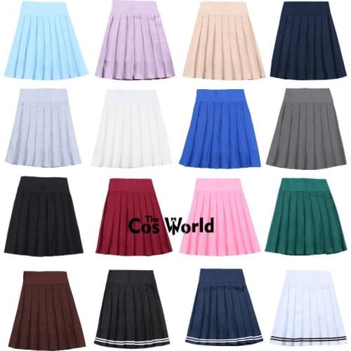 Womens Fashion High Waist Pleated Skirt Students School Uniform Solid Color Plaid Skirts Female Elastic Skirts Cosplay Costumes