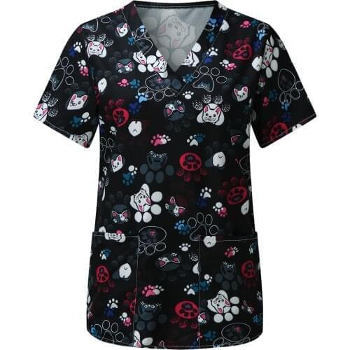 Cat Footprint Printing workwear Women Vet Nurse Uniform Short Sleeve Blouse Pet Groming Veterinaria Working Clothes Uniforms