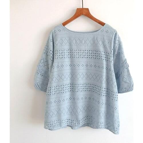 2020 New Summer Women Cotton Tops Mori Girl Hollow out Embroidery Loose O-Neck Half Sleeve Shirt Women