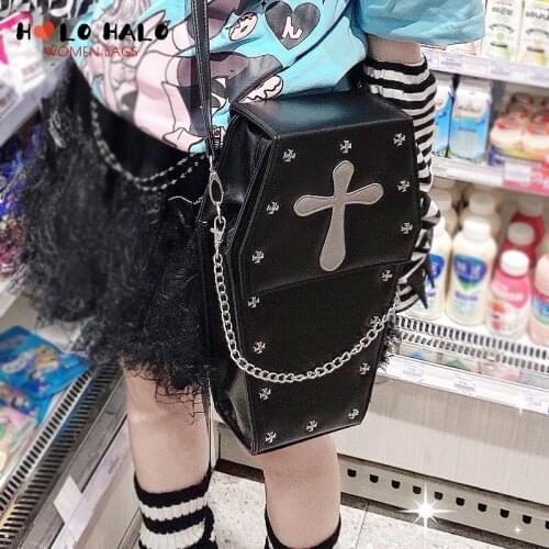 Punk Goth Style Womens Backpack Coffin Shape Lolita School Bags for Teenagers Girls Student Bookbag Female Black Backpack 2021