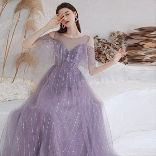 2021 Women Fairy Purple Backless Prom Dresses Elegant Spaghetti Strap Long Tulle A Line Evening Gown