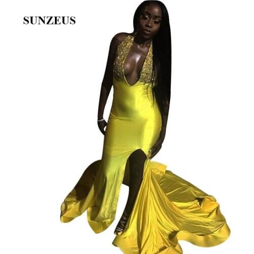 Long Yellow Prom Dress Mermaid Halter Beaded Appliques Women Party Gowns Side Slit Sexy V-neck Vestido Prom