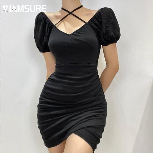 IAMSURE Solid Folds Summer Dress Sexy Slim Sleeveless Halter Slash Neck Mini Dresses For Women 2021 Fashion Party Night Clubwear