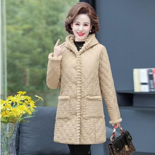 2021 Woman Winter Jacket Plus Velvet Padded Coats Middle-aged Women Hooded Plus Size Wadded Jackets Thick Warm Long Outwear