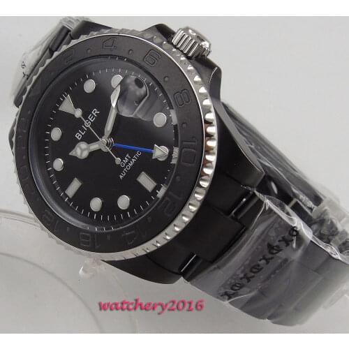 40mm BLiger Black Dial gmt Sapphire Crystal ceramic bezel pvd coated Date window stainless steel Automatic Movement mens Watch