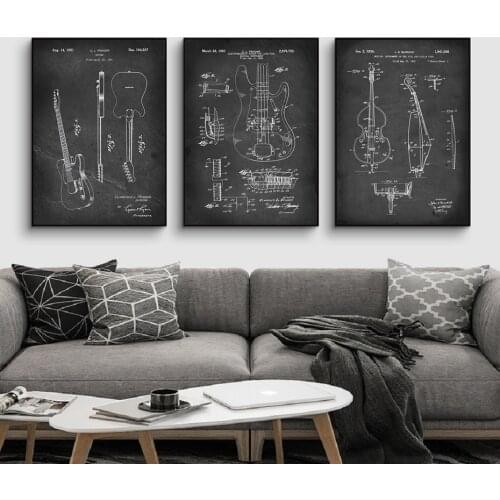 Black and White Retro Musical Instruments Guitar Violin Niche Industrial Style Decorative Painting Poster Wall Art Home Decorati