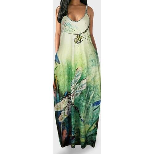 Womens Long Dress V Neck Sleeveless Casual Woman Dress Dragonfly Print Loose Maxi Dresses Plus Size Femme Robe Vestido De Mujer