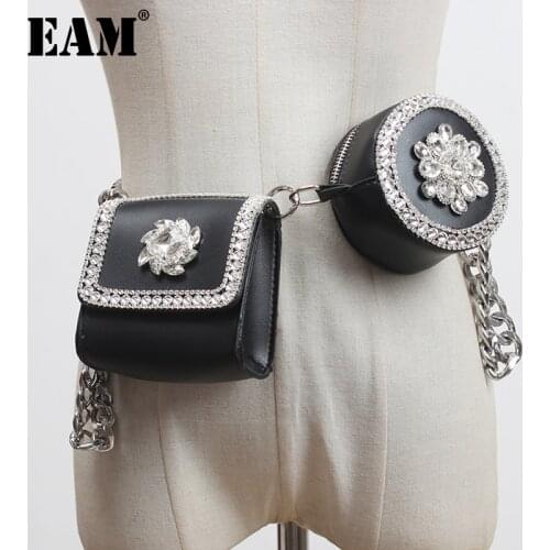 [EAM] Pu Leather Black Rhinestones Mini-bag Long Belt Personality Women New Fashion Tide All-match Spring Autumn 2021 1Z745