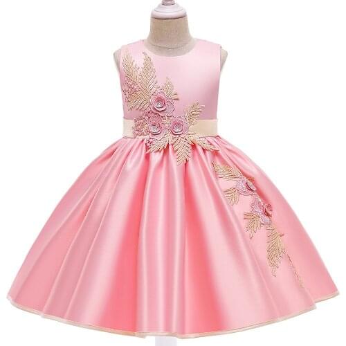 Elegan Girls Pageant Dress Appliques Pink Satin Short Flower Girl Dresses for Wedding First Communion Gown for Party Princess