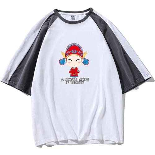 Harajuku Summer Couples O-Neck Funny Print Tshirt 100% Cotton Vintage Oversized Brief Hip Hop Streetwear All-Match Streetwear