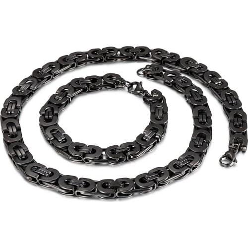 8mm Wide 20 inch + 8 inch Fashion Mens Black 316L Stainless Steel Creative Circle necklace bracelet Byzantine King Chain jewelry