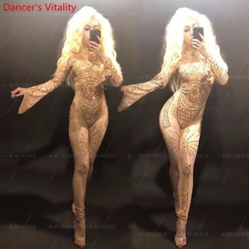 Performance Costume DJ Female Lady Women Handmade Gold Rhinestone Long Sleeves Body Suit Pole Jazz Performance Costume Clothes