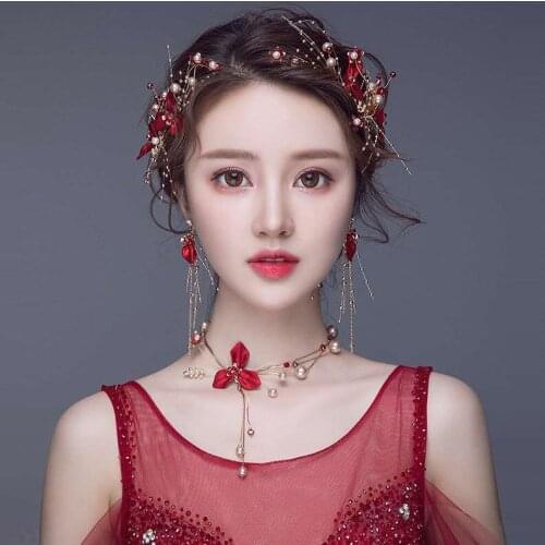 Bride toast clothing, hair accessories, headdress, side clip set, wedding dress accessories, ethnic style red necklace