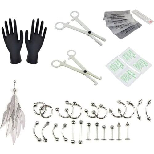 33PCS/Set Piercing Jewelry Needles Kit Sex Belly Tongue Eyebrow Nipple Lip Nose Disposable Body Piercing Jewelry Tool Sets
