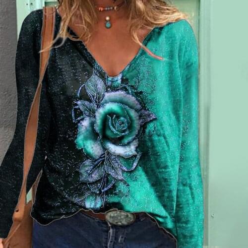 2021 New Autumn French Womens V-Neck Low-Cut Sexy Fashion Rose Printing Long-Sleeved Loose Comfortable T-Shirt Top