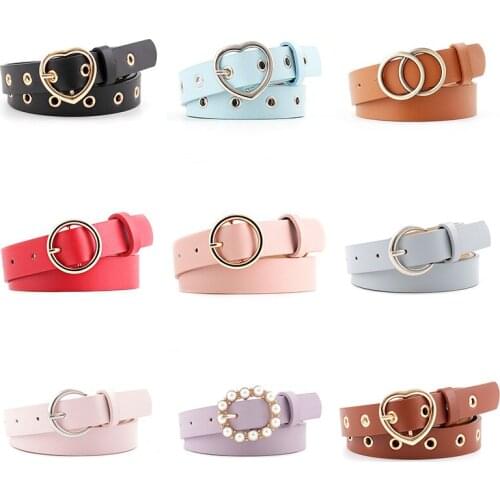 Fashion Women PU Leather Belts Heart Pearl Double Ring Buckle Candy Colors Waist Belt Ladies Leisure Dress Jeans Wild Waistband