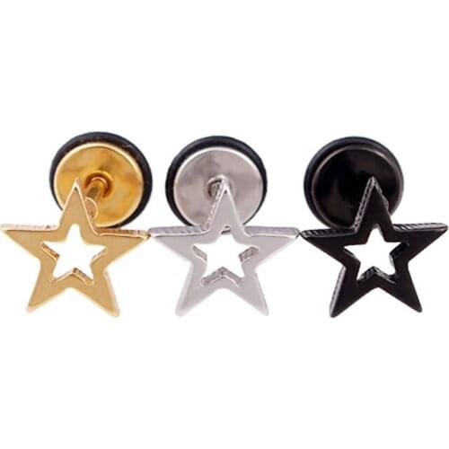 Alisouy 2 pieces Hollow Stars White Black titanium steel Punk Men Screw stud earrings No fade ear jewelry for men women