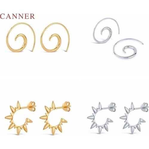 CANNER 925 Sterling Silver Earrings For Women Spiral Line Ray C Type Piercing Stud Earrings Pendientes Plata 925 Fine Jewelry