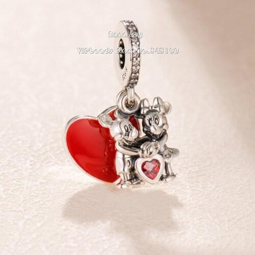 2019 NEW 925 Sterling Silver Dis Mickey and Minnie Love Dangle Charm With Ename Fit Original Women Pandora Bracelet DIY Jewelry