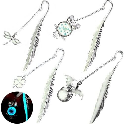 Retro Metal Luminous Bookmark Feather Glow In The Moon Charms Read Marker Book Clip with Owl Dragonflies Gift Students Office