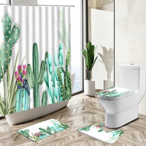 Tropical Cactus Printed Shower Curtain Set Green Plant Floral Pattern Bathroom Bathtub Non-Slip Rug Toilet Lid Cover Bath Mat