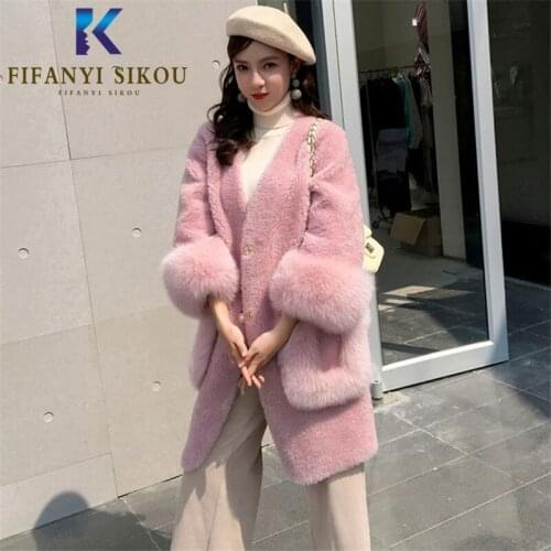 High quality Women Faux Lambswool Fur Coat Fashion Big pocket V-Neck Fur Jacket Warm Overcoat Female Loose Plus Size Winter Coat