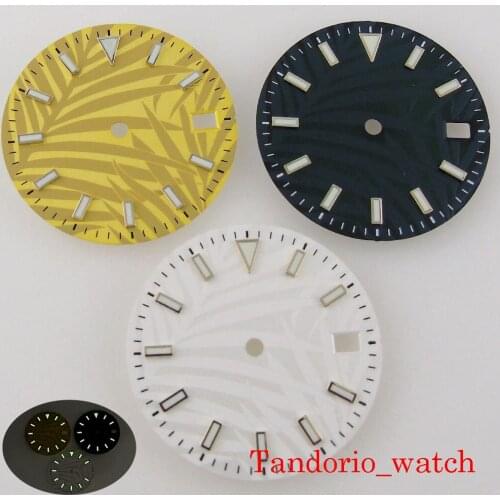 High Quality Watch Parts 29mm Luminous Dark Green White Gold Sterile Watch Dial With Date Window For NH35 Movement Leaf Pattern