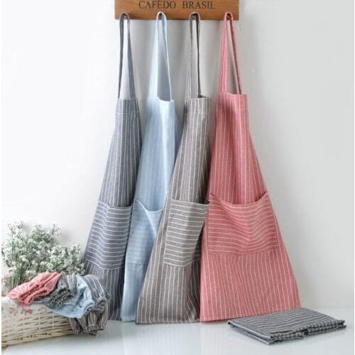 Japanese Large Pocket Cotton Linen Apron Striped Plain Simple Art Hanging Neck Apron Kitchen Cafe Flower Shop Overalls Couple