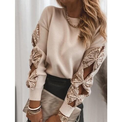 Women Elegant Solid V Neck Sequined Sweaters Autumn Long Sleeve Casual Pullover Tops Sexy Lady Off Shoulder Loose Sweater Jumper