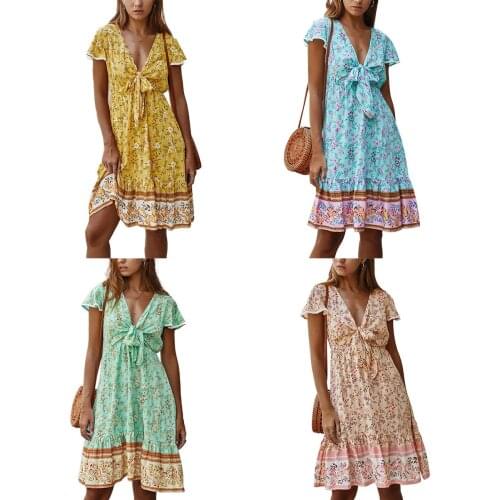 Women´s Sexy V-neck Short Sleeve Floral Dress Mini V-neck Dresses Fashionable Elegant Summer Dress (S / M / L / XL)