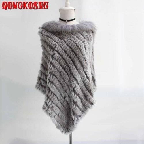 2020 Lady Rabbit Fur Poncho Weave Autumn Winter Patchwork Fur Triangle Sweater Casual Batwing Sleeves Raccoon Neck Pullovers