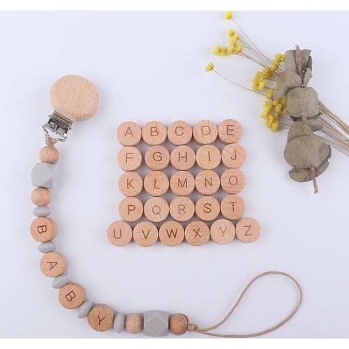 10pcs Organic Wooden English Beads Beech Wood Flat Round Alphabet Letter Beads Outer diameter 15mm