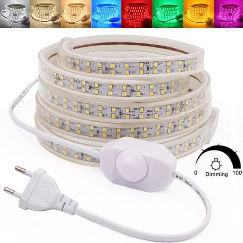 220V LED Strip Light with Dimmer Double Row 2835 180Leds/m Flexible LED Tape Waterproof Ribbon Rope for Home Decoration EU UK