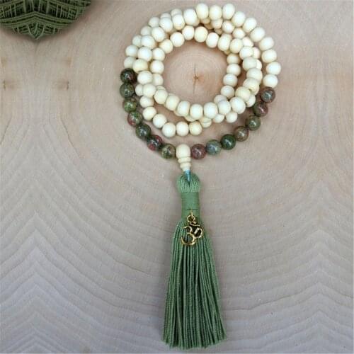 8mm Natural Unakite 108 Beads Handmade Tassel Necklace Chakra Mala Meditation Retro Tibetan Prayer Spirituality Yoga Buddhism