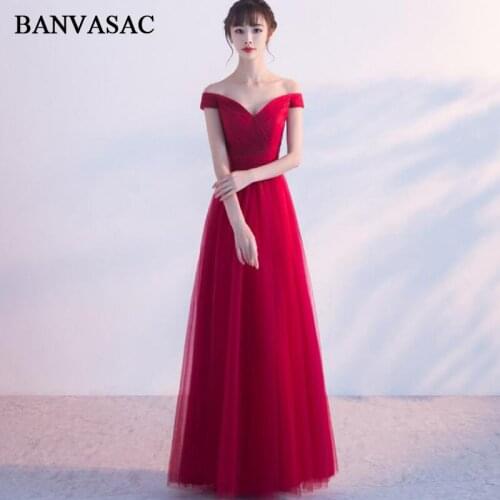 BANVASAC 2018 V Neck Lace Short Sleeve A Line Long Evening Dresses Elegant Party Tulle Pleat Backless Prom Gowns