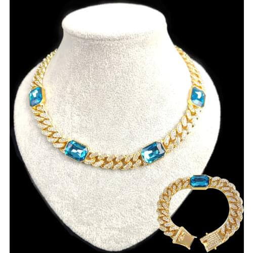 Mens hip hop Necklace Gold Color 4pcs Square Red Gem Crystal long Lced Out Miami Cuban Link Necklace gifts for Men Jewelry