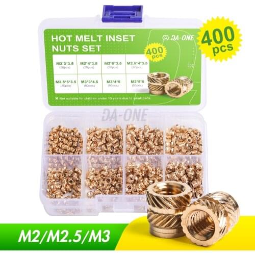 DA-ONE 120/400 Pcs M2 M2.5 M3 Brass Hot Melt Inset Nuts Assortment Kit Thread Copper Knurled Threaded Insert Embedment Nuts Set