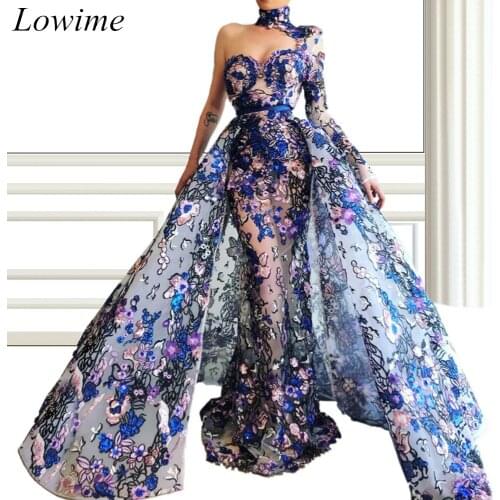 Dubai Style Illusion Celebrity Dresses 2019 Two Pieces Floral Print One-Shoulder Middle East Evening Gowns High Neck Sexy Gowns
