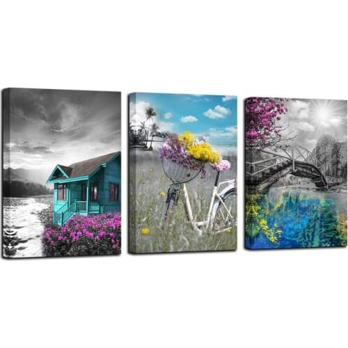 Modern Cabin Lake Flowers Bicycle Landscape Painting, 3 Panels Canvas Can Decor Bedroom Living Home Office