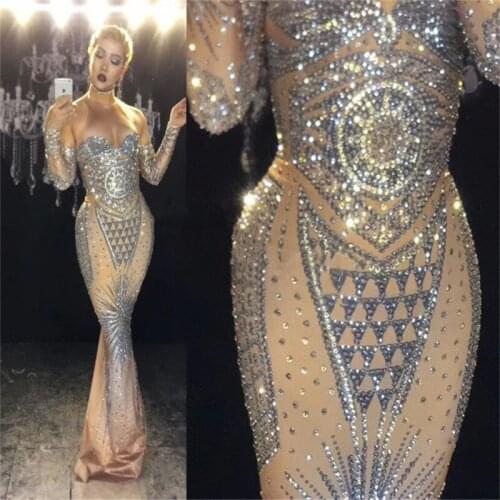 K24 Sexy female long Hip dress Rhinestone bodysuit stage singer performance wears outfit Stretch skirt diamonds costumes prom dj