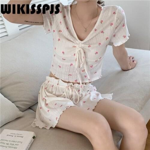 2021 Korean Edition Knitted and Printed Guima Girls' Drawstring Home Wear Pajamas Set Two Piece Set Summer Pajama Shorts