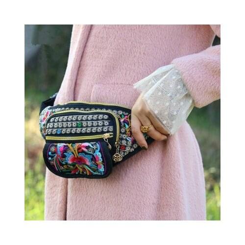 Fashion national embroidery women shopping small waist bags!Nice floral embroidered lady waist packs All-match Canvas Carrier
